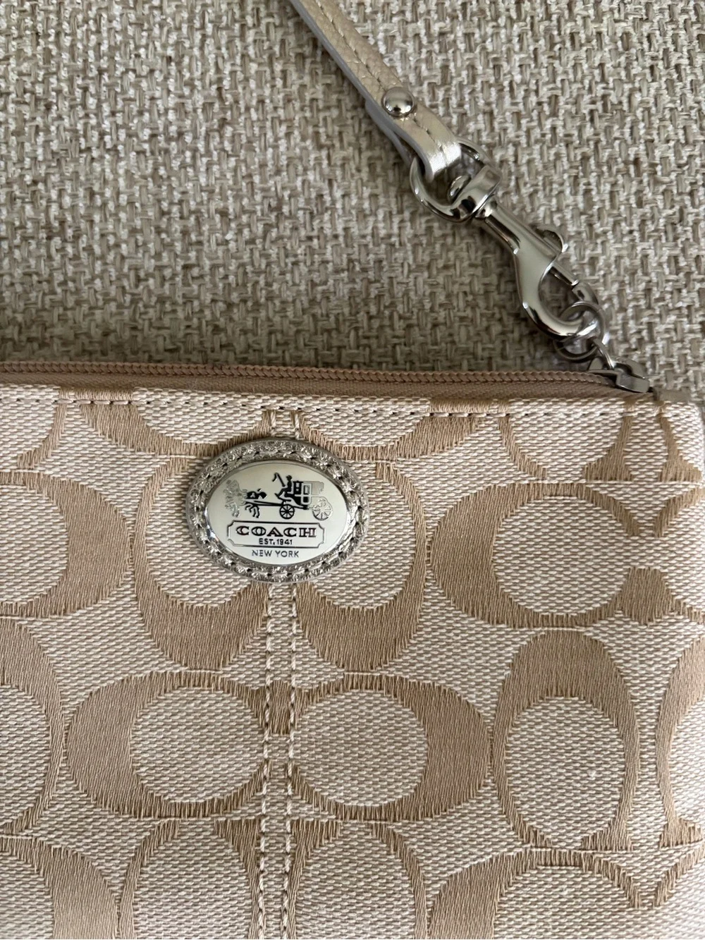 Coach Beige Signature Canvas Wristlet with Silver Strap
